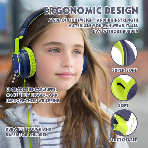 Headphone Kids Volume Limited 85/96dB Wired Over-Ear/On-Earr Foldable Headset with Inline Cable Aux 3.5mm Cord Mic for Boy Girl Child School PC No...