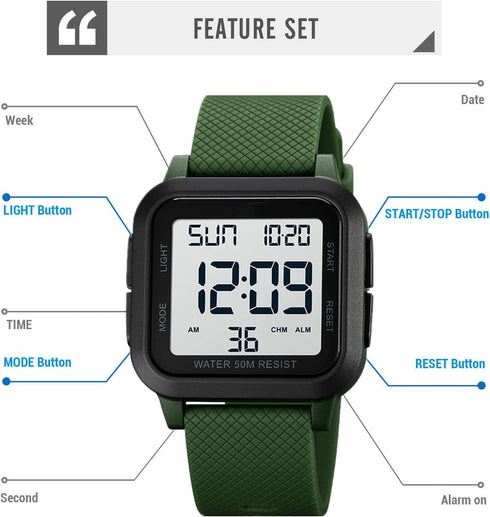 Mens Sport Digital Watches, Waterproof Outdoor Sport Watch with LED Backlight/Alarm/Countdown Timer/Dual Time/Stopwatch/12/24H Wrist Watches for M...