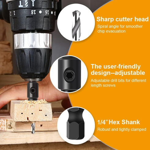 Countersink Drill Bit Set, 5Pcs Woodworking Counterbore Hole Drill Bits for Wood, 1/4" Hex Shank Quick Change Chamfered Adjustable Drilling Tool K...