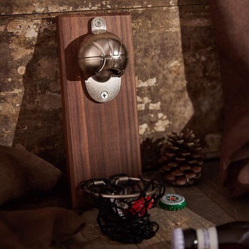 Magnetic Basketball Bottle Opener, Wooden Wall Mounted Opener with Cap Collector Catcher, Ideal Gift for Basketball and Beer Lovers, Use as Kitche...
