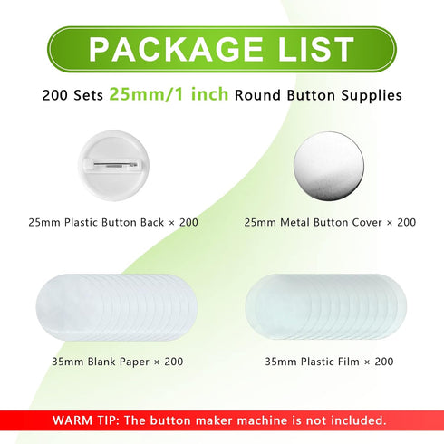 200 Sets 1 inch /25mm Blank Button Supplies Round Badges Buttons Parts for Button Maker Button Attachment, Button Making Supplies with Round Pin C...