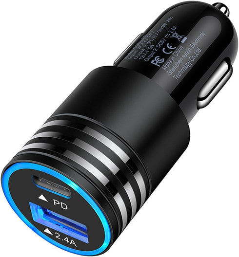 30W USB C Car Charger, PD 3.0 & 2.4A Dual Port Fast Charging Car Adapter 12V USB Outlet Cigarette Lighter Plug for iPhone 15 Pro Max 15 Plus 14 13...