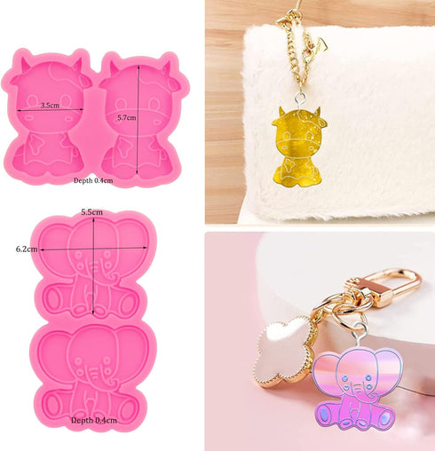 3 Pcs Badge Reel Resin Silicone Mold Baby Cow & Elephant Shape Epoxy Resin Casting Mold for Jewelry and Pendant Making DIY Crafts ID Badge Holder ...