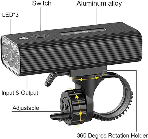 1200 Lumens Bike Lights Front and Back,3 LED USB Rechargeable Bicycle Light,Super Bright Bike Lights for Night Riding,Bike Headlight with Power Ba...