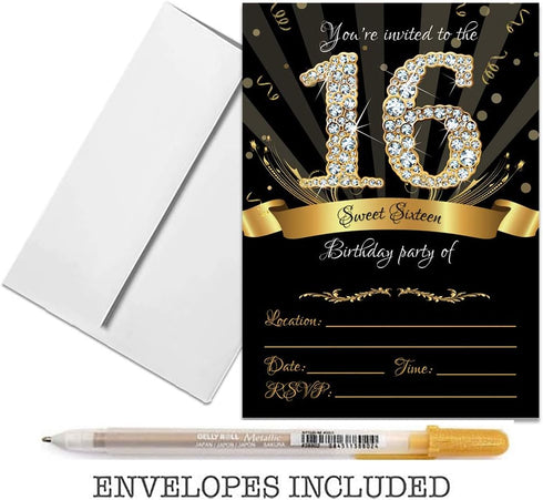 25 Sweet Sixteen Black Double-sided 5x7 Party Invitations Kit with Gold Metallic Pen and Envelopes...
