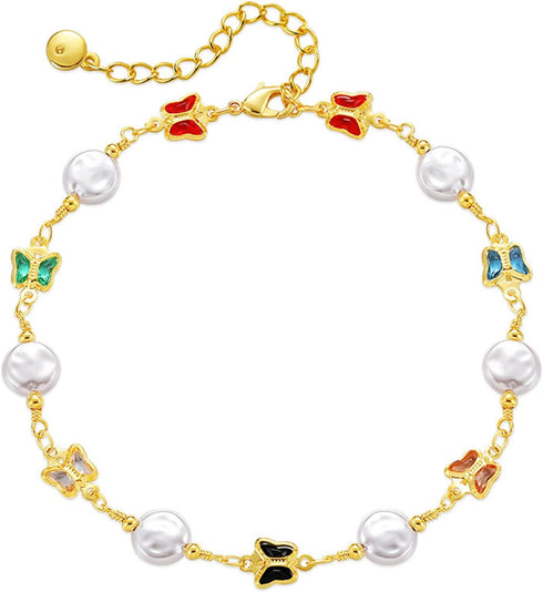 Butterfly Anklet for Women 14K Gold Plated Summer Colorful Crystal Butterfly Pearl Ankle Bracelet (Pearl,Gold)...