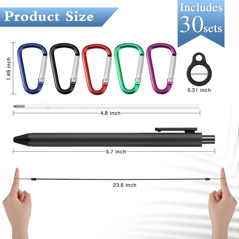 30 Sets Leash Pen Silicone Lanyard 24'' Spring Snap Hook Safety Neck Strap Pen with Refills for Notebook(Black)...