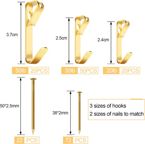 184 Pieces Picture Hanging Kit, 20lb, 30lb, and 50lb Picture Hangers, Metal Picture Hanging Hooks with Nails, on Drywall, Wooden Wall(Gold)...