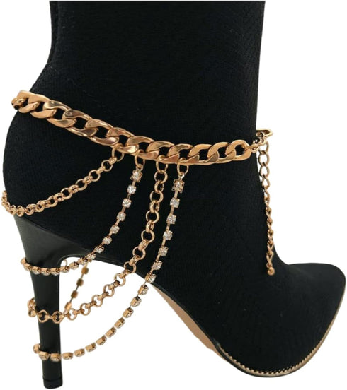 Women Western Fashion Anklet Boot Chain Bracelet Gold Metal Shoe Back Side Wave Multi Strand Charm...