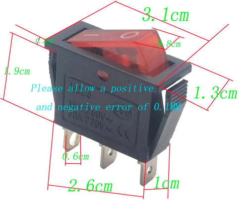 3 pin 2 Position Red Lighted Rocker Switch for Desktop Grinder,Electric Fireplaces,Neon Lamp,Household appliances,Lawn Mower,Electric Tool and Sno...
