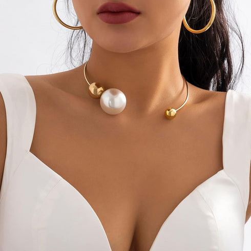 Metal Pearl Open Choker Necklace Adjustable Gold Pearl Choker Necklaces for Women Round Open Cuff Necklace Elegant Cuff Collar Necklace Statement ...