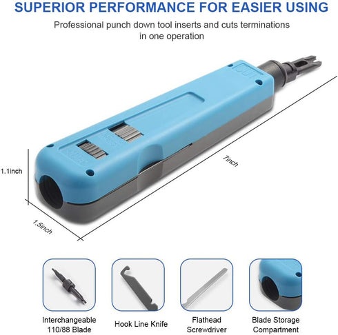 Punch Down Tool with 110/88 Blade & Network Wire Stripper, Multifunction Hook Tool for Telephone Impact Terminal Insertion and cat6a/cat6/cat5e/ca...