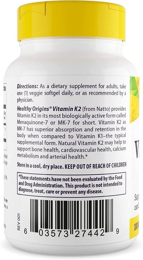 Healthy Origins Vitamin K2 100 mcg (MK-7, Non-GMO, Gluten Free, Cardiovascaular Support, Bone Support), 60 Veggie Gels...