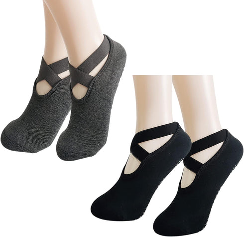 2 Pairs Yoga Socks Pilates Socks Non Slip Grip Socks for Women Pilates Ballet Barefoot Workout Non Slip Socks with Straps...