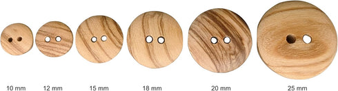 Olive Wood Buttons - 2 holes / 5 sizes - REVERSIBLE (12, 15, 18, 20 y 25 mm) - Manufactured in EUROPE (10 mm)...