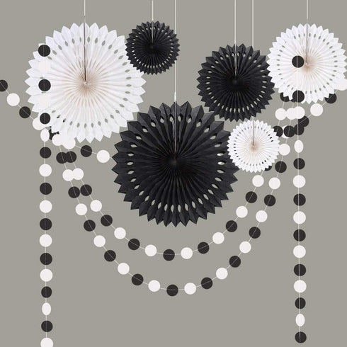 Cheerland Black White Party Decorations Hanging Paper Fans Garland Kit Wedding Halloween Birthday Baby Shower Casino Gothic Decor Spooky Haunted H...
