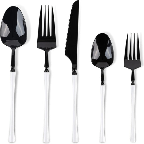 Blue Sky Infinity Flatware Deluxe Black & White Combo - 40 Count | Premium Disposable Plastic Cutlery Set with 8 Dinner Forks, 8 Salad Forks, 8 Kn...