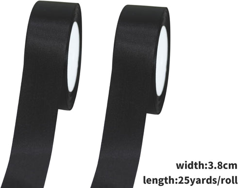 Black Satin Ribbon 1-1/2 inch for Bows 2 Rolls 50 Yards Fabric Single Face Ribbon Floral Silk Wedding Party Wreath Decorative for Gift Wrapping Se...