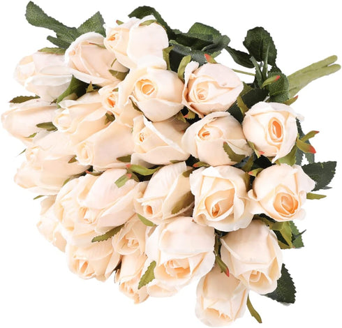 Hawesome 3 Bunches Artificial Flowers Silk Roses Buds Realistic Bouquet Arrangement for Decoration Wedding Party Centerpieces (Champagne)...
