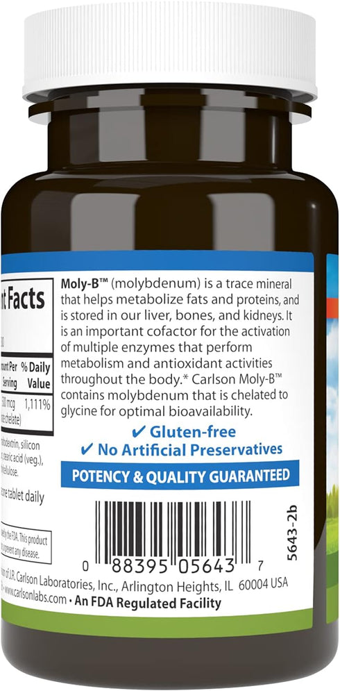 Carlson - Moly-B, Chelated Molybdenum Supplements, Metabolism Support & Enzyme Activation, Molybdenum Glycinate Chelate, 300 Vegetarian Tablets...