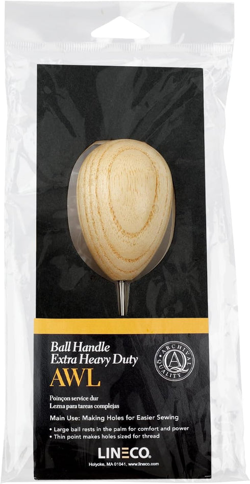 Lineco Wooden Ball Handle Awl. Extra-Heavy Duty, Comfortability and Good Control, Thin Point for Sewing...