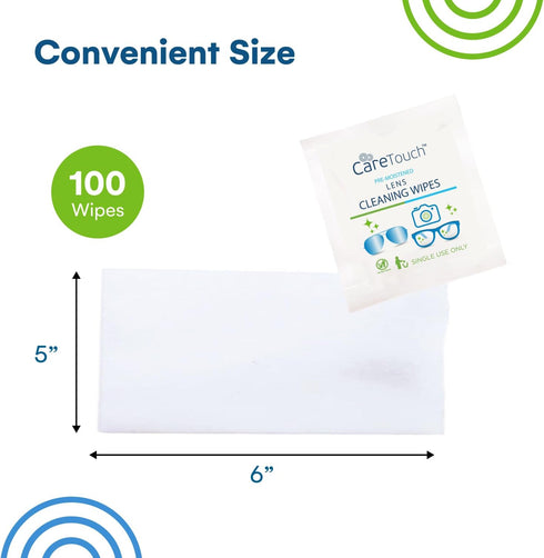 Care Touch Lens Wipes for Eyeglasses- 100 Count Individually Wrapped Pre- Moistened Wipes, 5 x 6 Inch- Camera Lens, Sunglasses and Glasses Cleaner...