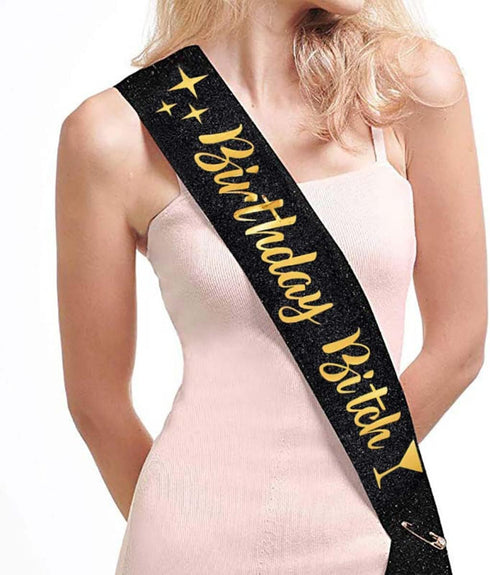 Birthday Bitch' Sash, Crown Tiara & Party Supplies Kit - Black Glitter Sash, Women's Birthday Gifts...