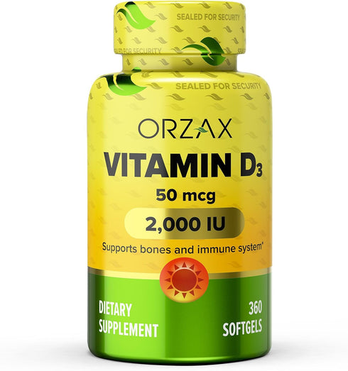 ORZAX Vitamin D3 2000 iu (50 mcg) - 1 Year Supply for Strong Muscle Function and Immune Support - Mood Supplement for Wellness (360 Softgel)...