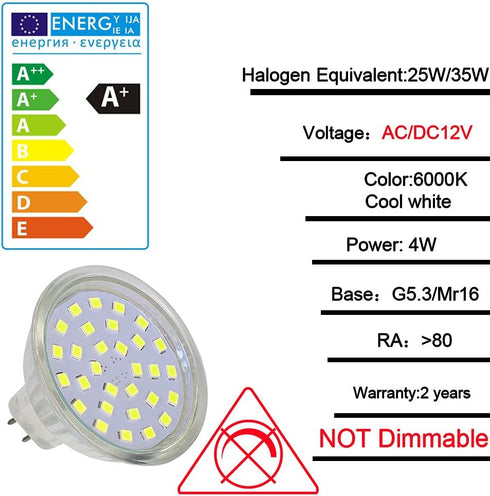12V Low Voltage MR16 GU5.3 Led 4W Daylight White 6000k Bulb Equivalent to 20W 35W Halogen Spotlights for Outdoor Landscape Flood Track Lighting (4...