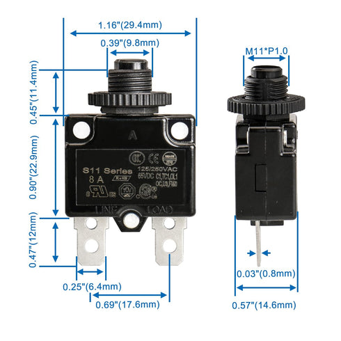 Baomain 8A Circuit Breaker Thermal Overload Protector, S11 Series 125/250VAC/65VDC, Manual Reset Thermal Circuit Breakers Black Pack of 10 (8 Amp....