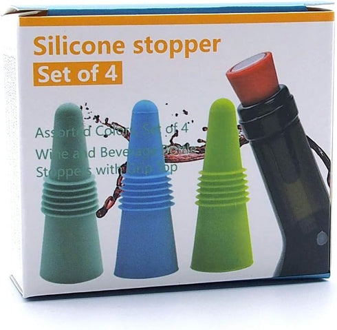 Reusable Wine Stopper (Pack of 4) | Silicone Cork Stoppers with Stainless Steel Top | Heavy Duty Food Grade Silicone Construction | Flexible Desig...