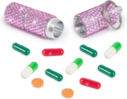 Bling Pill Case Pill Box Pill Organizers with Keychain Rhinestone Portable Pill Holder Waterproof Glitter Pill Storage Container for Indoor Outdoo...