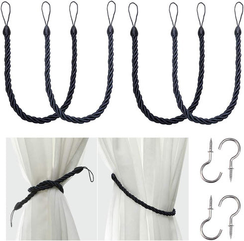 BEL AVENIR Curtain Rope Tiebacks, Drapery Rope Holdbacks with 4 Metal Screw Hooks (Navy, 4pack)...