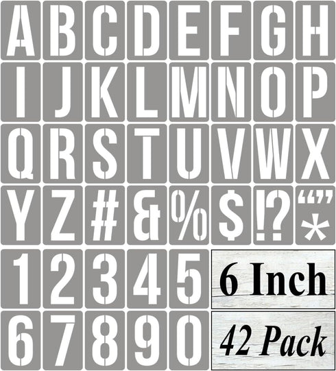 6 Inch Alphabet Letter Stencils for Painting - 42 Pack Letter and Number Stencil Templates with Signs for Painting on Wood, Reusable Numbers and L...