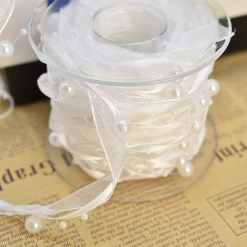 10M Artificial Bead Pearl Ribbon Chiffon Ribbon and Organza Lace Ribbon Trims for Wedding Flower Christmas Tree Decoration Sewing Craft Packaging ...