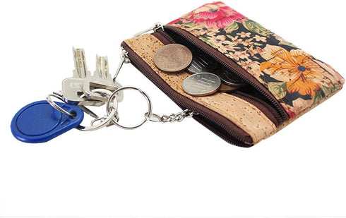 Eco-friendly Natural Cork Coin Purse, Boshiho Mini Coin Change Wallet Credit Card Holder Zipper Pouch Vegan Wallet with Key Ring Keychain (Multi F...