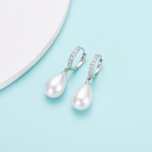 EPIRORA Sterling Silver Simulated Shell Pearl Hoop Earrings Cubic Zirconia Dangle Drop Earrings Jewelry for Women 10mm, Silver (Teardrop)...