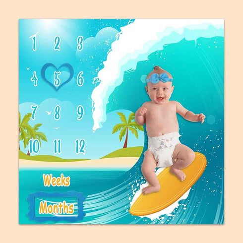 Baby Monthly Milestone Blanket, Sea Surfboard Waves, Newborns 1 to 12 Months Unisex Include 4 Frames and 1 Headband 47"x47"BTLSPH495...