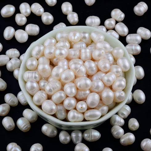 Pearls Beads for Jewelry Making 100pcs 8-9mm Natural Genuine Real Freshwater Cultured Pearl White Rice Oval Loose Gemstone Bead Holes 0.7mm DIY Cr...