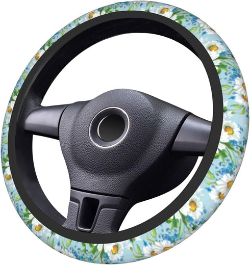 Cute White Daisy Steering Wheel Cover for Women Men Auto Car Wrap Cover Universal Neoprene Anti-Slip Car Wheel Protector Accessories 15 Inch Sweat...