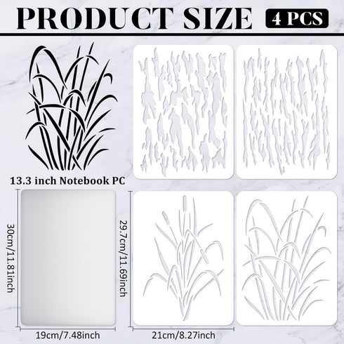 FINGERINSPIRE 4 Pcs Bark Camouflage Stencil 11.7x8.3 inch Camouflage Grass Bark Reed Pattern Stencils Plastic Wall Camo Stencil Kit Reusable DIY A...