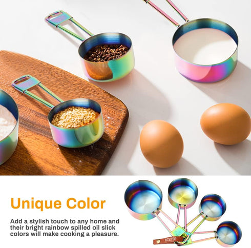 9 Pcs Measuring Spoons and Cups Set Stackable Stainless Steel Measuring Cups and Spoons Rainbow with Engraved Measurements for Cooking, Mixing, Ba...