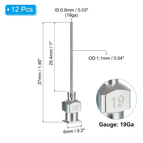 PATIKIL 19Ga x 1 Inch Stainless Steel Dispensing Needle Tips, 12Pcs Metal Glue Needle Tube Blunt Tips Luer Lock for Thick Glue Ink Lab, Silver...