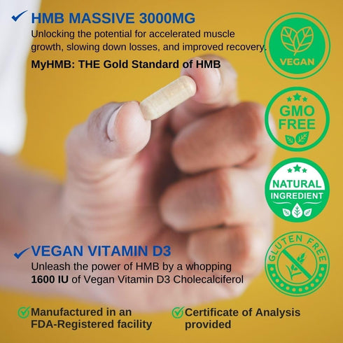 HMB 3000mg and Vitamin D3 Supplement Capsules per serving *USA Made & Tested* Promotes Muscle Growth & Recovery - HMB Supplement and Vitamin D3 (1...