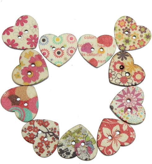 AKOAK 50 Pack 25MM 2-Hole Mixed Flower Pattern Printed Wooden Peach Heart Shaped Buttons Wood Sewing Buttons DIY Scrapbooking Clothe Buttons...