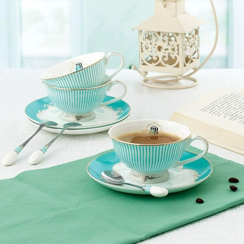 Cup& Saucer Set Bone China Porcelain Tea Coffee Cup for Breakfast Afternoon Tea- Blue Stripe Pattern (1)...