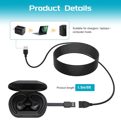 USB Extension Charger Cable Compatible with JLab Go Air Pop/Sport, JLab Epic Air ANC/Sport ANC, JLab JBuds Air/Sport/Executive/ANC/Play Gaming/Pro...