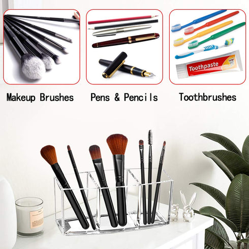 Acrylic Makeup Brush Organizer Holder Clear Cosmetic Brushes Storage with 3 Slots...