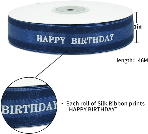 TONIFUL Happy Birthday Ribbon 1 Inch Navy Blue Satin Silk Ribbons for Gift Wrapping 50 Yards Chiffon Organza Ribbon for Birthday Party Supplies Bo...