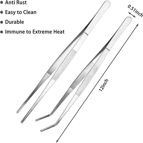 Kitchen Tweezers Long Tweezers Set, LEEFONE 2 PCS 12 Inch Stainless Steel Food Tweezers with Precision Serrated Tips for Cooking & Baking (Straigh...